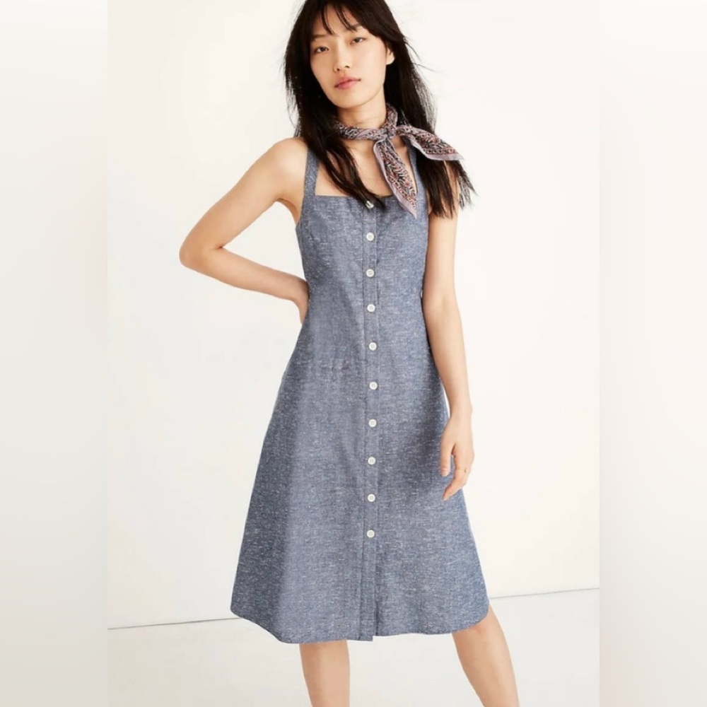 Madewell Chambray Button Front Apron Midi Dress